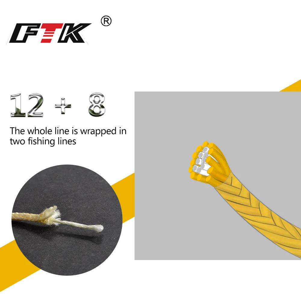 FTK جديد 20 M 12 + 8 ستراند PE الرقصة مساعدة خط الصيد الحبل 210-390LB 1 مللي متر المتعددة الشعيرات الصيد PE مضفر سلك خيط صنارة الصيد