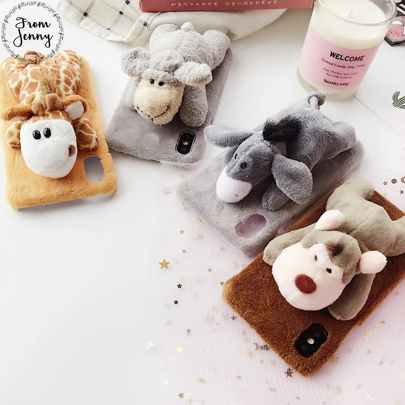 

Toy Animal Lie Prone on Plush Cover Case for iPhone 7 8 10 7plus 8plus X 6 6s + Plus Cute Cartoon Donkey Monkey Giraffe Sheep