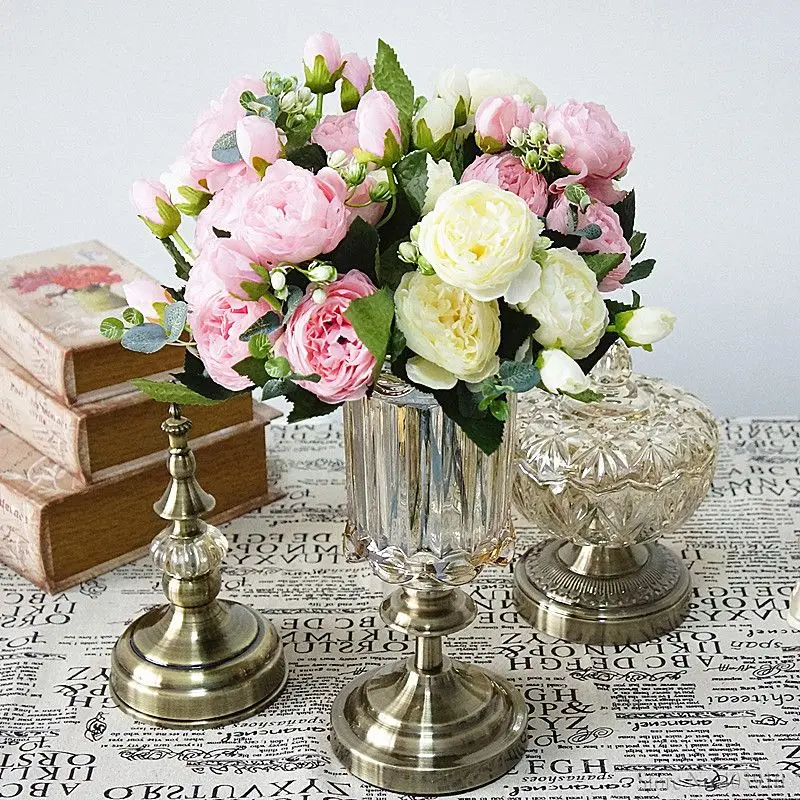 Красивые розы пионы искусственные шелковые цветы маленький букет Флорес домашнее праздничное весеннее свадебное украшение свадебный искусственный цветок