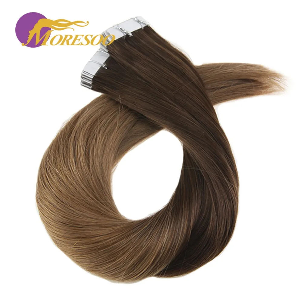 Moresoo Ombre Tape in Hair Extensions Remy Straight Hair Skin Weft Tape Color #3 Brown Fading to #6 Medium Brown Human Hair