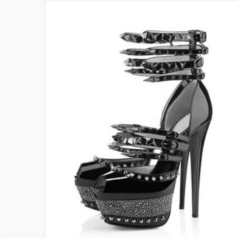 

fashion woman high platform rivet high heel sandals peep toe belts strap buckle high platform sandal woman black gold
