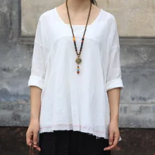 Новая женская летняя футболка Повседневная и Удобная белая свободная хлопковая льняная футболка с v-образным вырезом D043