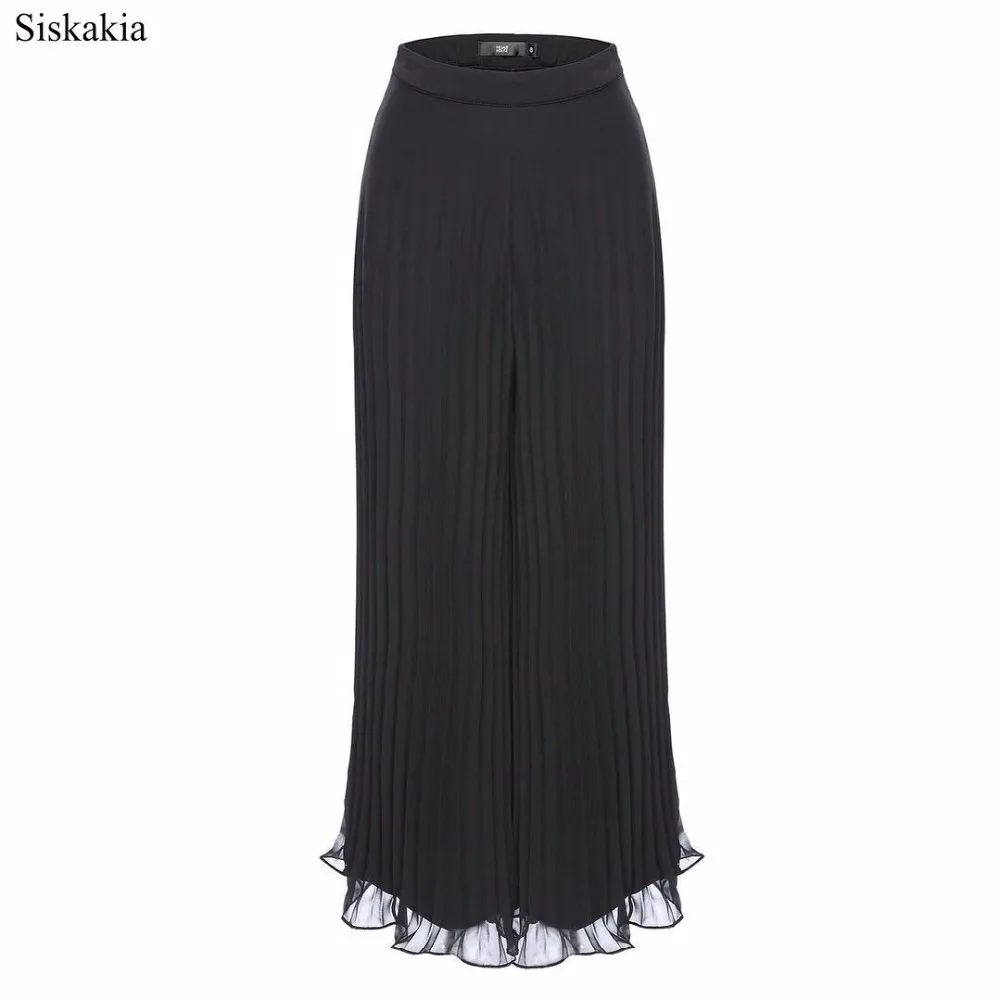 Siskakia Solid Chiffon Wide Leg Pants For Women Muslim Turkish Dubai High Waist Draped Loose Elastic Pants Ruffle 2019 New Eid  (1)
