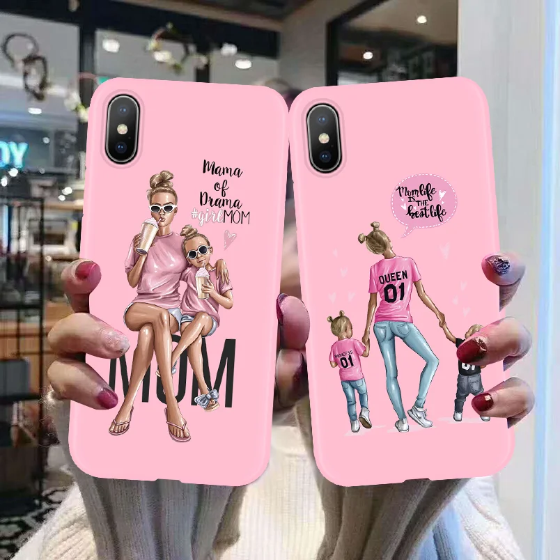 

Black Brown Hair Baby Mom Girl Case For iPhone X XS XR XS Max 7 8 Plus 6 6S Cover Colorful Matte Soft TPU Super Mama Gril coffee