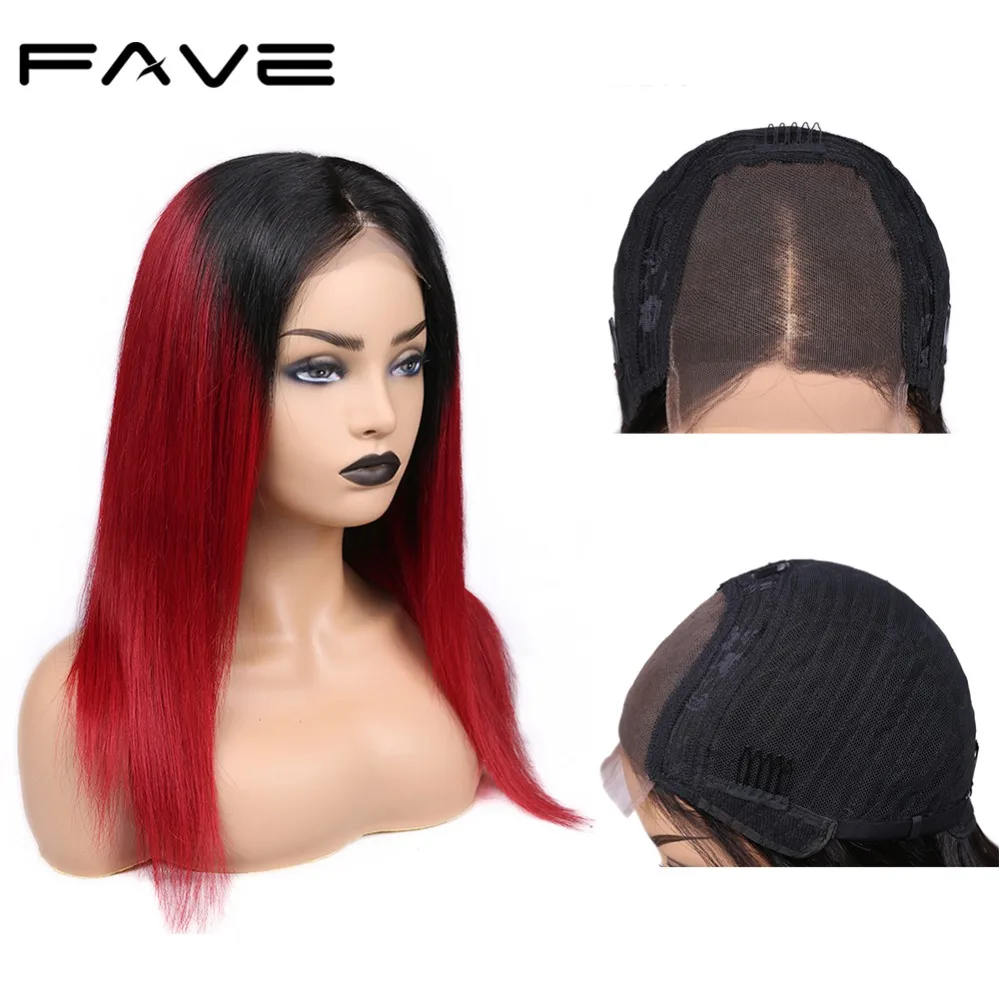 

Brazilian 4*4 Lace Closure Ombre Wigs Remy Straight Human Hair Wig Pre Plucked 1B/Red Free Gift For Black Women FAVE Hair