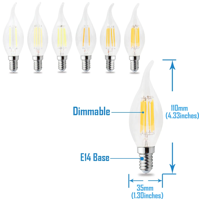 JCking диммируемая 2 Вт 4 Вт 6 Вт 8 Вт Светодиодная свеча E14 110 В 220 В винтажная Ретро диммируемая Свеча накаливания лампа для люстры освещения
