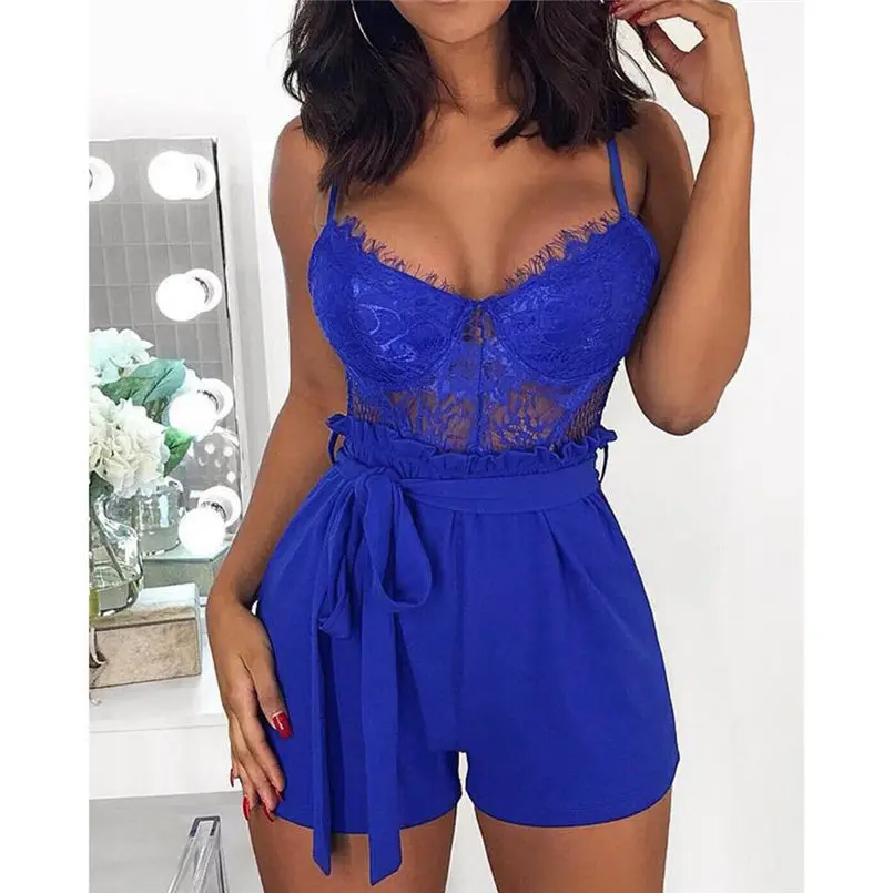 New  Women Summer Sexy Solid  Fashion Lace Jumpsuits Vest Tank Top Casual Playsuit Loose Beach Short Elegant Lady Pants #4R06 (8)