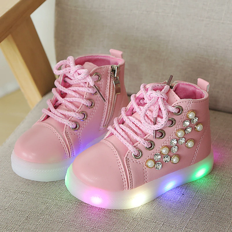 Girl Glowing Shoes Rhinestone Pearl Princess Kids Light up sneaker ...