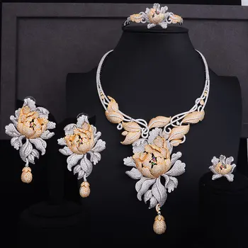 

GODKI Super Shinning 128mm Luxury Peony Flower Leaf Women Wedding Bridal Cubic Zirconia Necklace Dubai 4PCS Wedding Jewelry Set