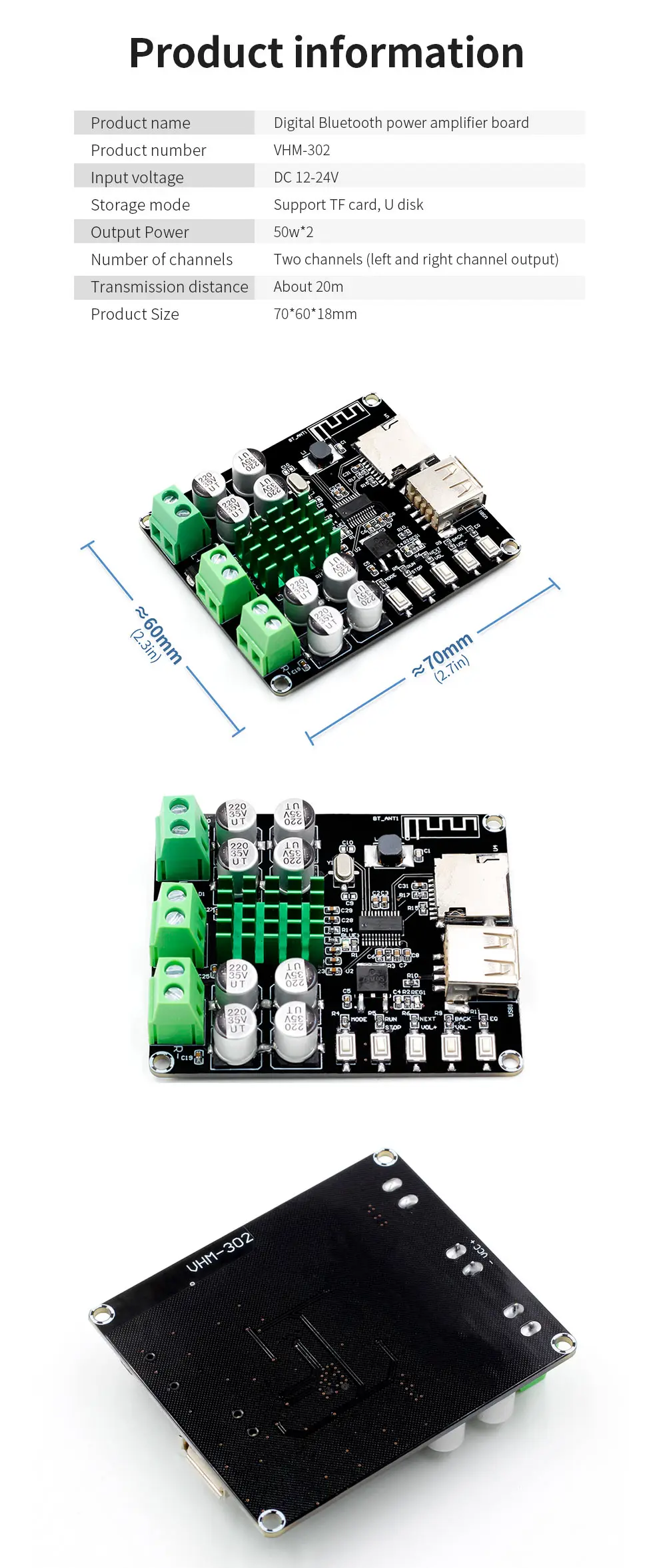 TPA3116D2 XH-M422 DC12-24V 50 Вт+ 50 Вт Bluetooth 4,0 Плата усилителя TPA3116 с Bluetooth U диск TF карта плеер VHM-302