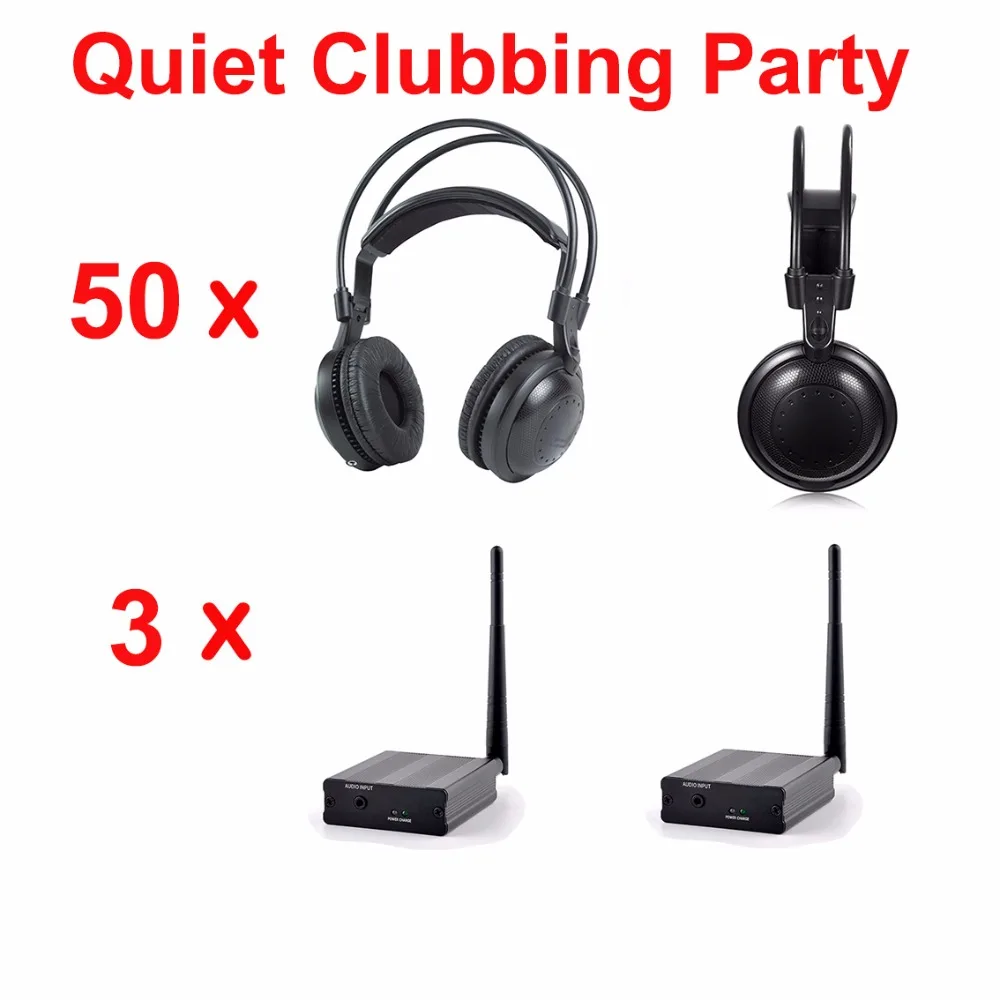 

500m Professional Silent Disco Wireless Headphones - Quiet Clubbing Party Bundle (50 Headsets + 3 Transmitters)