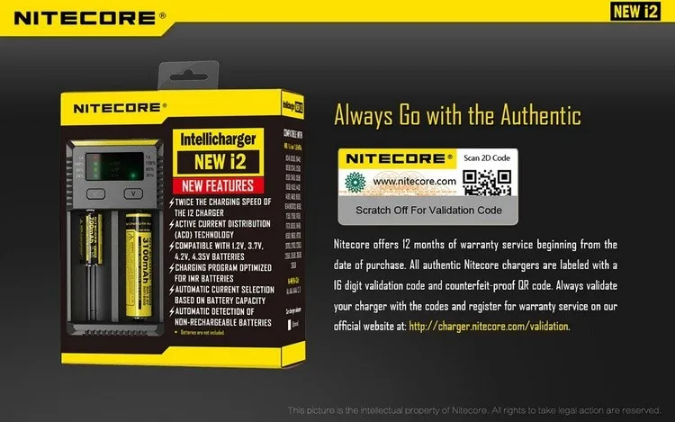 NITECORE Новый I2 батарея Смарт зарядное устройство дорожные наборы для li-ion/IMR Nicd 16340 10440 AAA 14500 18650 26650 с кодом аутентификации
