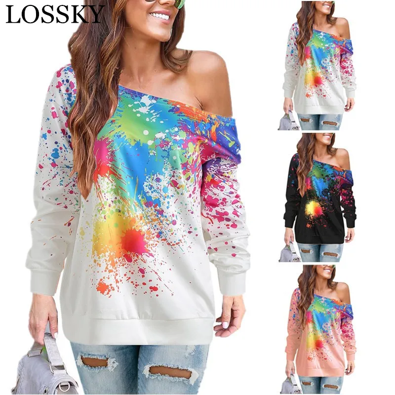 

Women Autumn Casual Loose Multicolor Hoodies Color Print Sexy Off Shoulder Long Sleeve Sweatshirt Outwear Pullover Tops Hoody