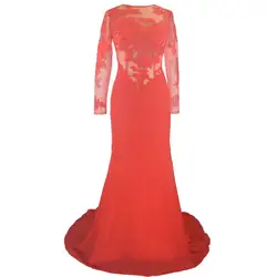 Sheer сексуальный, кружевной, с аппликацией с длинным рукавом полной длины платье-Русалка с длинным рукавом вечернее платье