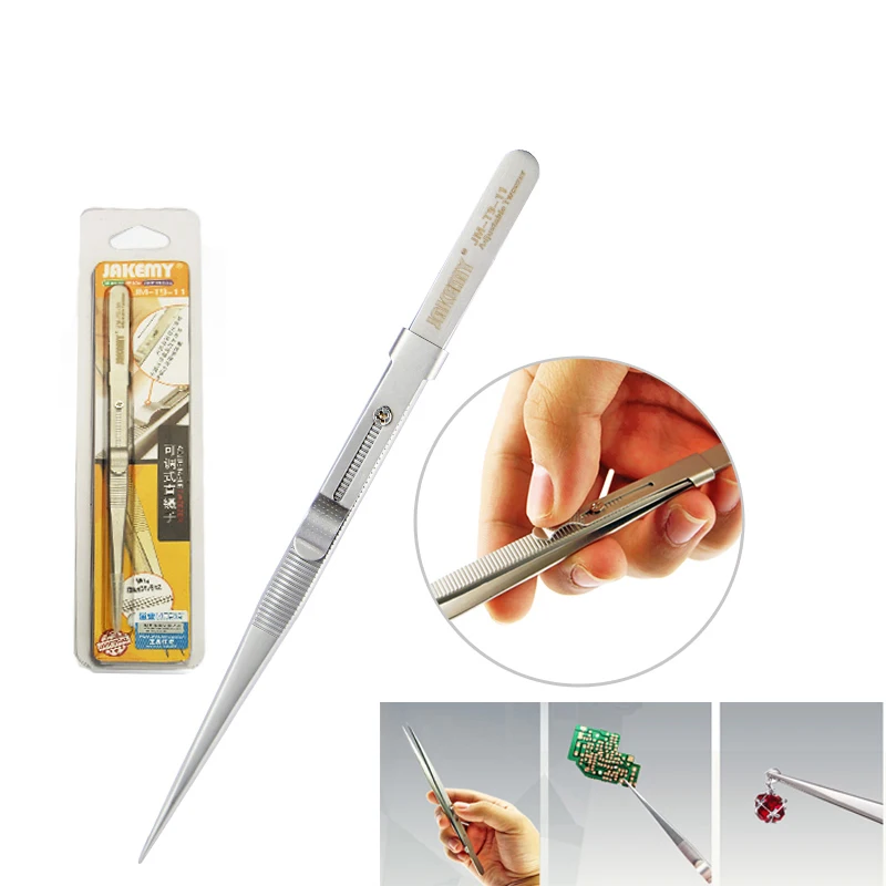

Jakemy Adjustable Tweezers Stainless Steel Tweezers For Electronics Straight Pointed Tip Slide lock Hold Tightly