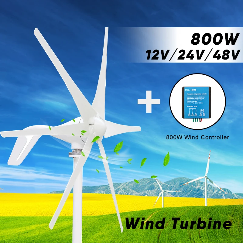 

800W 12V 24 V 48 Volt 6 blade HT Wind Power Generator Turbine Windmill with 800W Waterproof Charge Controller 12V 24V