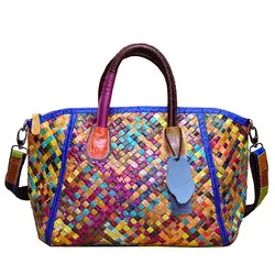 9098 натуральная кожа сумки женские ультрамодные сумки Наплечная Сумка Из Овчины разноцветные полосы ручной работы Для женщин сплетенные
