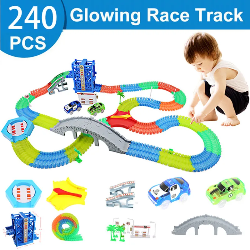 

240pcs Magical Track Collection Kids Birthday Gift Electric Glowing Racing DIY LED Toy Cars Children's Toys For Boys Grils