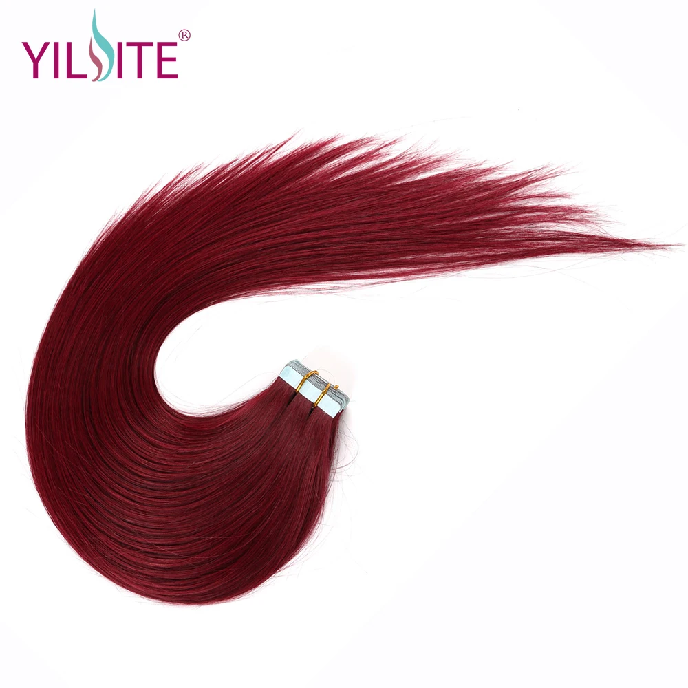 

Yilite 18inch 100% European Non-Remy Hair Tape In Extensions, Wine Red #99J Highlight 5pcs/lot Silky Straight Human Hair