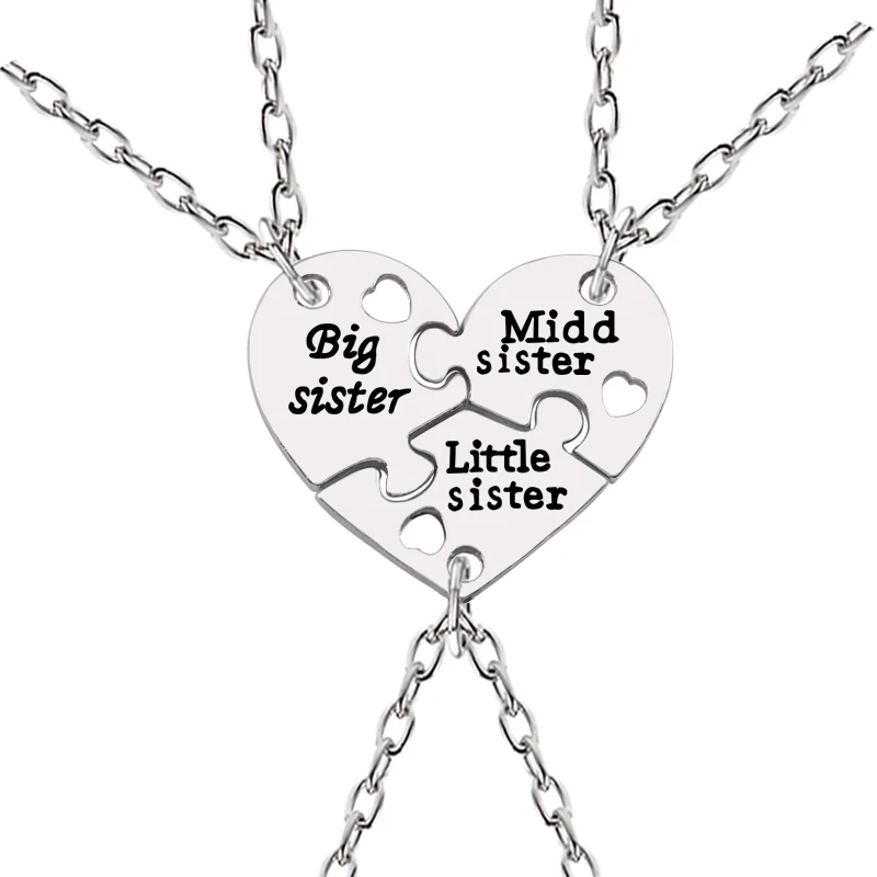 

3 Pcs/Set Big Sister Middle Sister Little Sister Necklaces Borken Heart Necklace Silver Pendant & Necklace Creative Keepsake