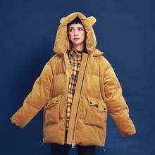 Дизайн новое поступление вельвет зимняя куртка с капюшоном негабаритных толстый Белая куртка с утиным пухом женские