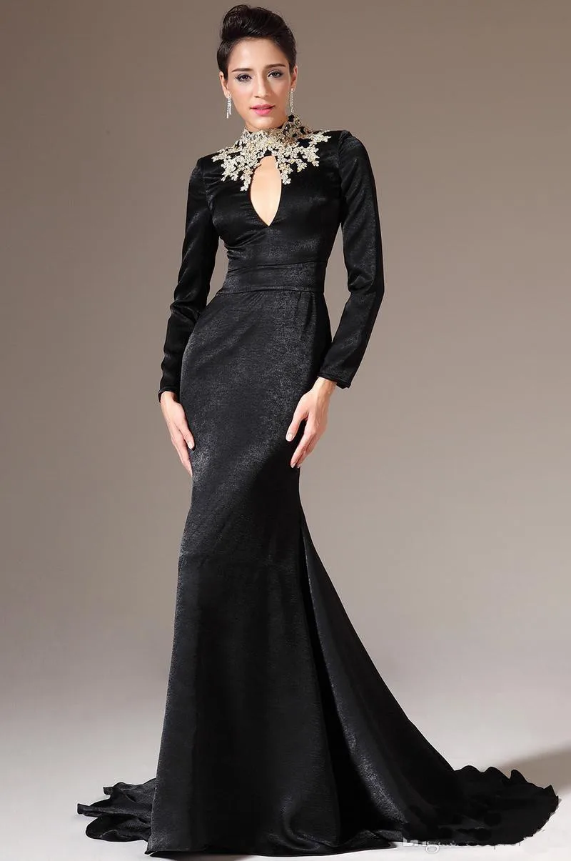 

2014 Winter Latest New Fashion High Quality Mermaid Long Sleeve sexy black velvet evening dress long sleeve EDM-0069