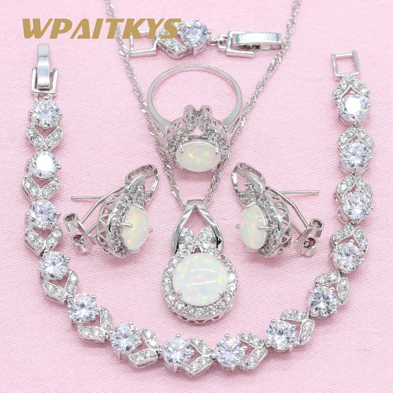 

Exquisite White Create Opal 925 Silver Jewelry Sets For Women Necklace Earrings Ring Bracelet Free Box WPAITKYS