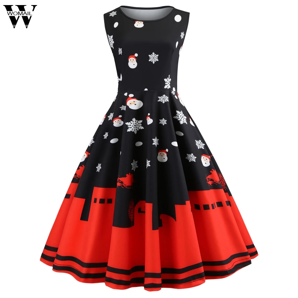 

Womail winter Christmas dress women elegant plus sizes Sleeveless Vintage Santa Christmas Printed Evening Party vestidos verano