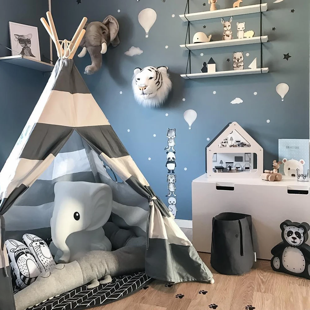 

Kids Teepee Play Tent - 100% Cotton Canvas Grey Stripe Children Tipi Playhouse with Mat Indoor Outdoor Toy Boys Girls Baby Gift