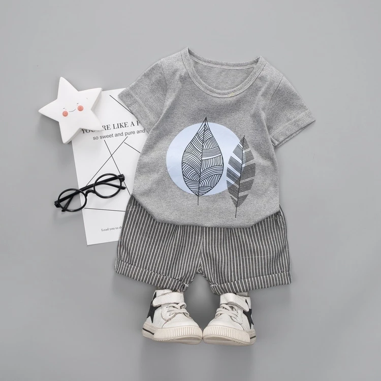 Summer Boy Two-Piece Leaf Pattern Short Sleeve + Striped Shorts | Детская одежда и обувь
