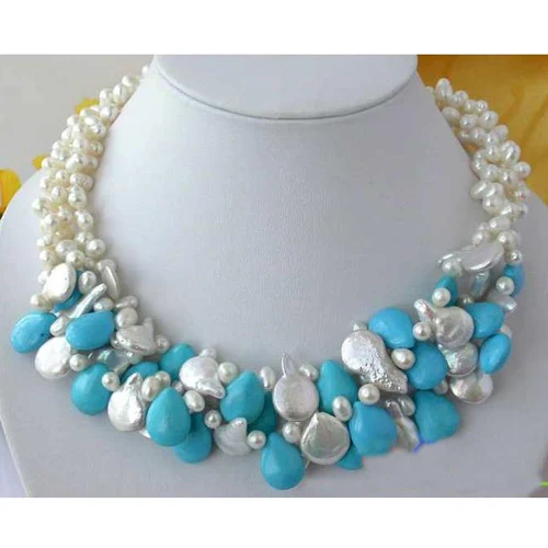 

Perfect Pearl Jewellery,3 Rows 6-14mm White Color Freshwater Pearl Blue Drip Tur-quoise Necklace,Fashion Women Jewelry Gift