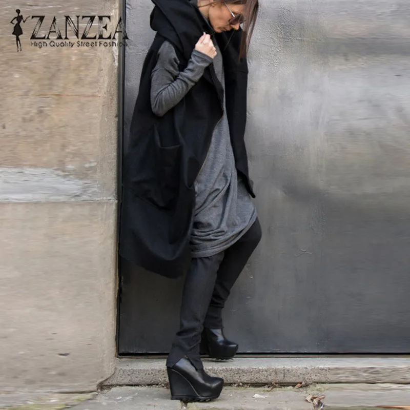 ZANZEA, модная Женская Осенняя зимняя куртка с капюшоном, черное пальто средней длины без рукавов, Ретро стиль, мешковатая теплая верхняя одежда на молнии размера плюс