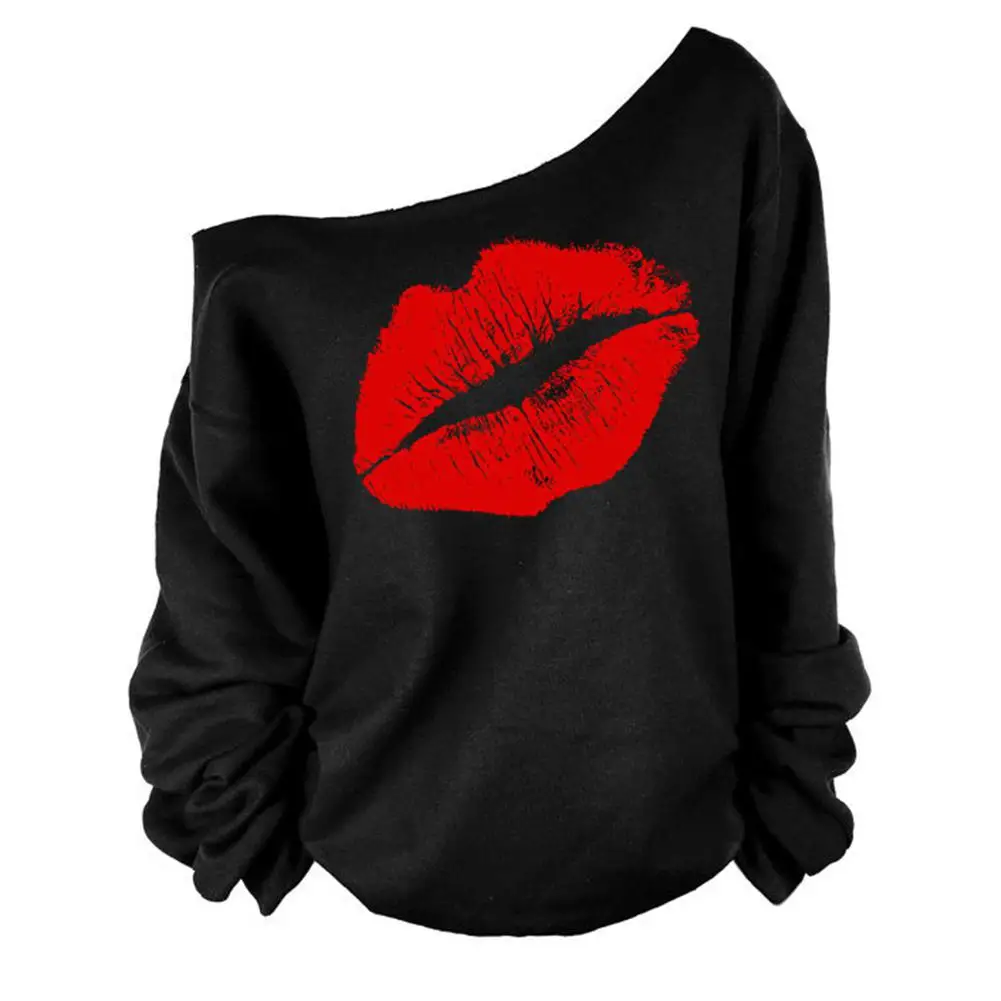 

Yfashion Women Sexy One Shoulder Pullover Fashion Lips Print Long Sleeve T-shirts Sweatshirt Tops