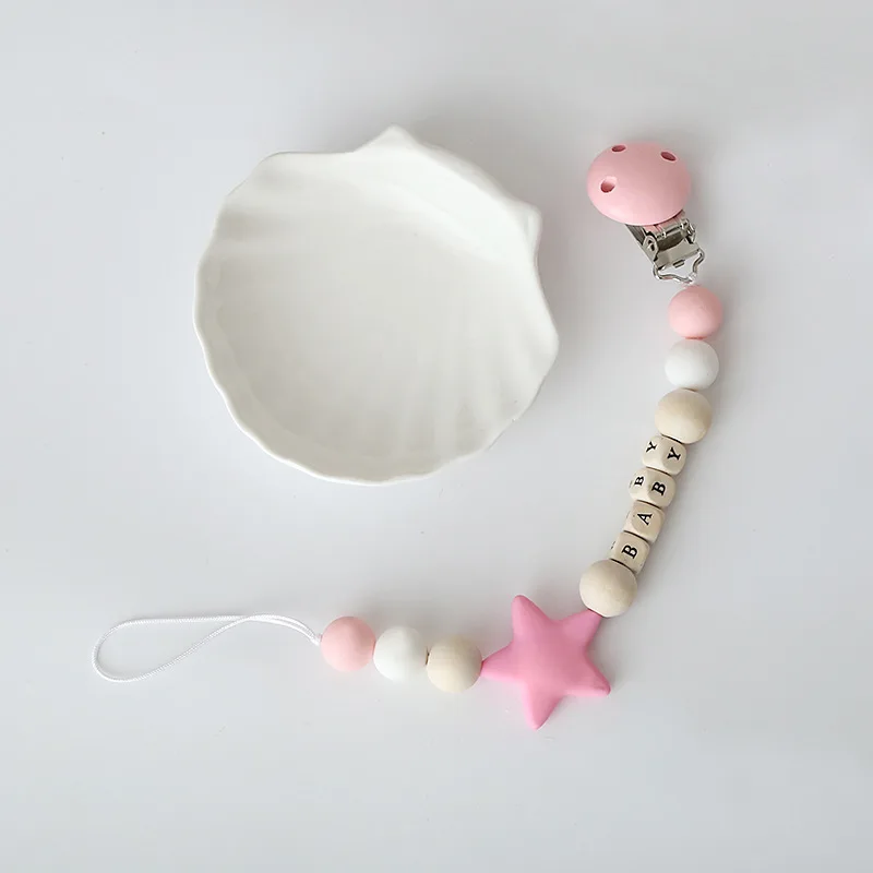 

Handmade Pacifier Clips Holder Chain Silicone Pacifier Chains Five Star Crochet Beads Baby Teether Teething Chain 2019 Hot Sale