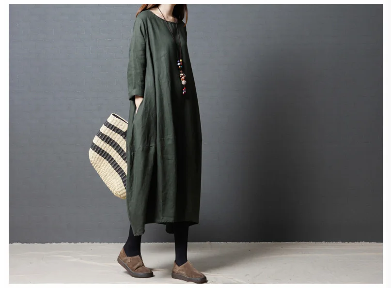 5007 Cotton Linen Dress Fabric Women Autumn Dress 2018 Plus Size Long Sleeve Oversize Casual Black Maternity Linen Dress Maxi Vintage 4