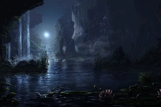 waterfalls mountains flowers swan birds animals magical landscapes moon cloth silk art wall poster and prints