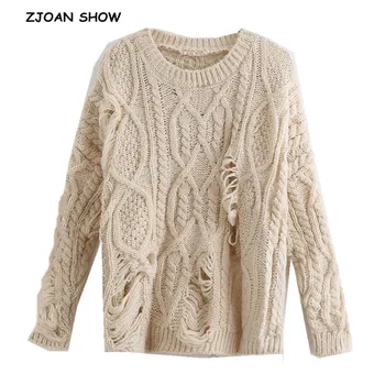 

4 Color 2019 CHIC Hole kink Twist Striped Sweaters Vintage Woman O neck Long sleeve Knit Loose Knitwear Causal Pullover Jumper