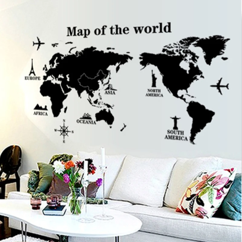 Black International world map DIY Vinyl Wall Stickers Kids love Home Decor office Art Decals creative 3D Wallpaper decoration 1