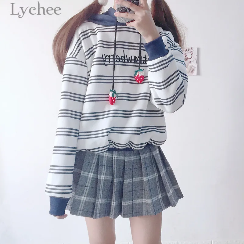 Толстовка Lychee в полоску с капюшоном и вышивкой клубники осенне зимние флисовые