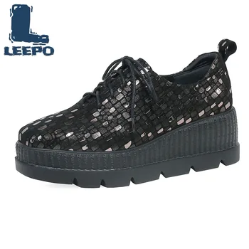 

2019 Fashion Casual Women Shoes Lace Up Flat Platform Woman Square Toe Wedges Ladies Luxury Genuine Leather Comfort Shoes