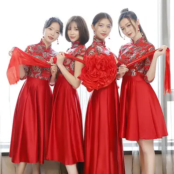 

Women Wedding Bridesmaid Dress Chinese Traditional Elegant Red Cheongsam Summer Sexy Flower Vestidos Plus Size Lady Qipao XS-3XL