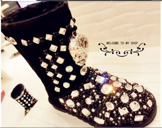 

Hot luxury Diamond pearl women snow boots cotton hand make Fashion Women Winter Genuine Leather Fur Boots Adult Shoes 2014