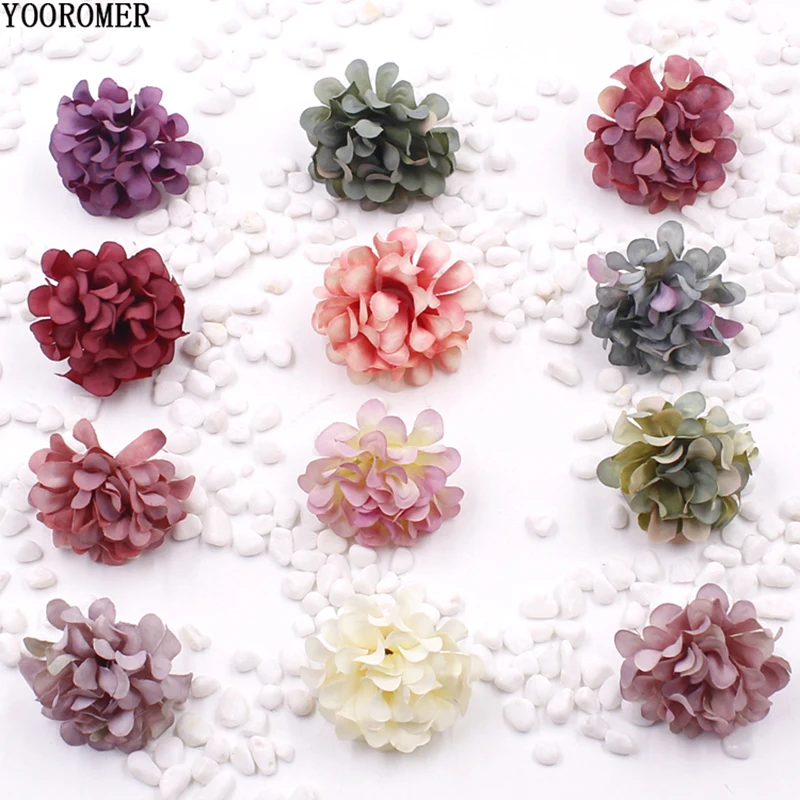 

YOOROMER 4CM Head 10PCS Fake Chrysanthemum Artificial Silk Small Hydrangea Heads DIY Decoration Accessories Wedding Wrist Corsag