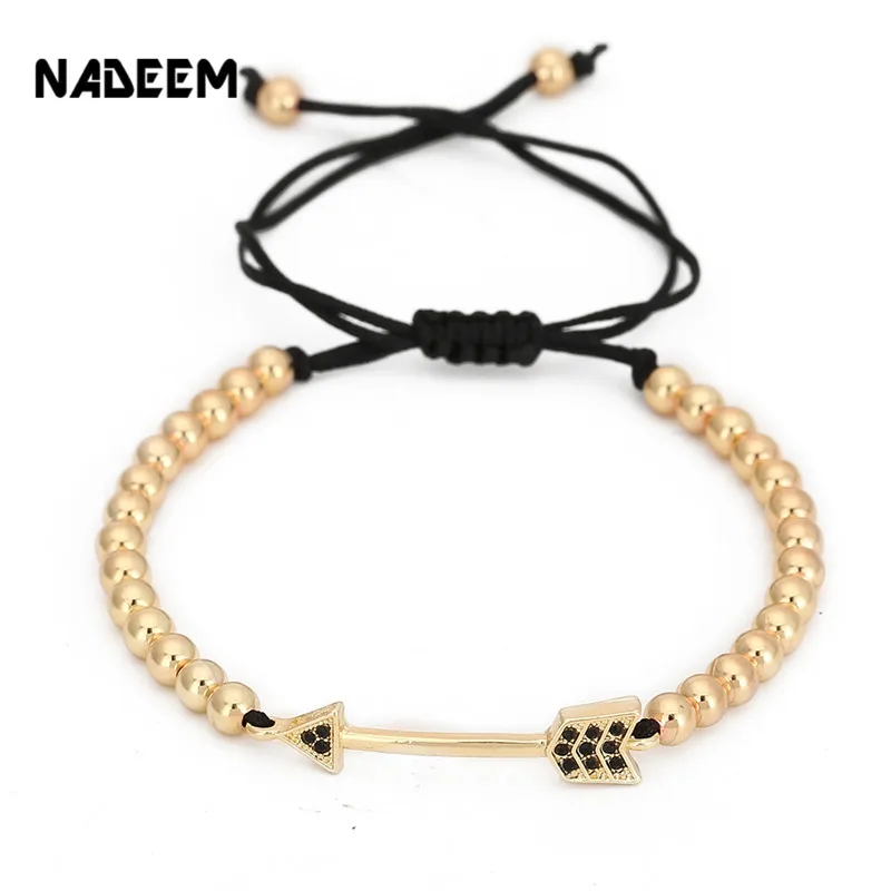 

NADEEM Wholesale 5mm Copper Beads Gold Color Micro Pave CZ Arrow Charm Macrame Bracelets Fashion Women Men's Braiding Bracelet