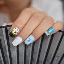 Модные летние искусственные ногти для французского маникюра светильник с синими часами принцесса Мерцающий Синий Блеск полное покрытие искусственные накладные ногти
