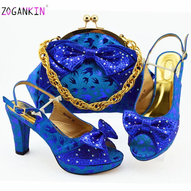 

Royal Blue Nigerian Style High Heels Party Sandals And Bag Sets Hot Sales African Matching Shoes And Bag Set Woman Dress Shoes