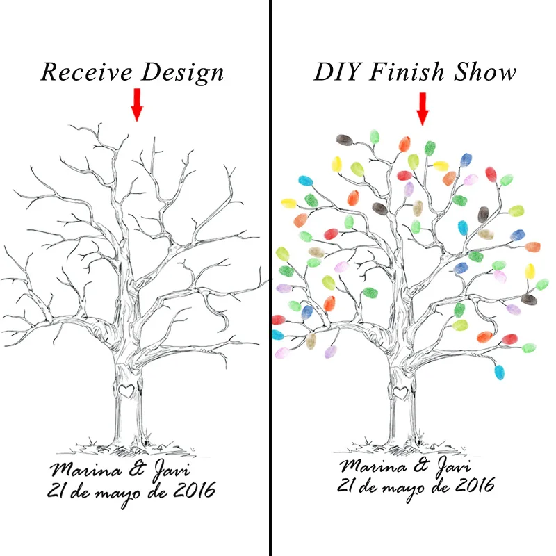 Холст свадебное дерево отпечаток пальцев Подпись гость книга свадебный подарок вечерние наборы; детский душ дерево с отпечатками пальцев+ 2 чернильницы - Цвет: HK014