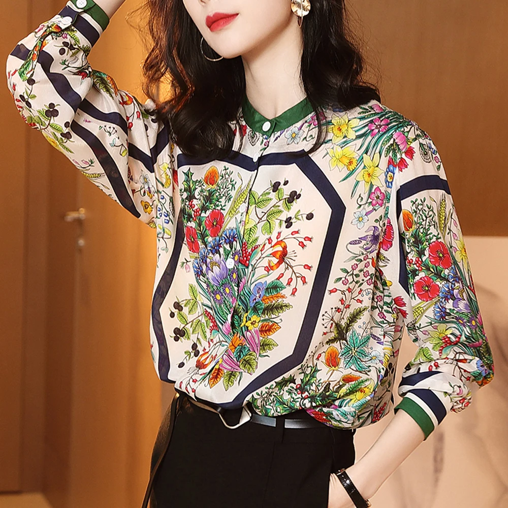  women silk shirts blouses 2019 new fashion long-sleeved loose shirt elegant vintage printed shirt c