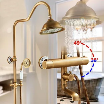 Cheap Luxury Antique Brass Thermostatic Rainfall Shower Set Faucet Tub Mixer Tap Hand Held Shower Thermostatic Bath And Shower Faucet