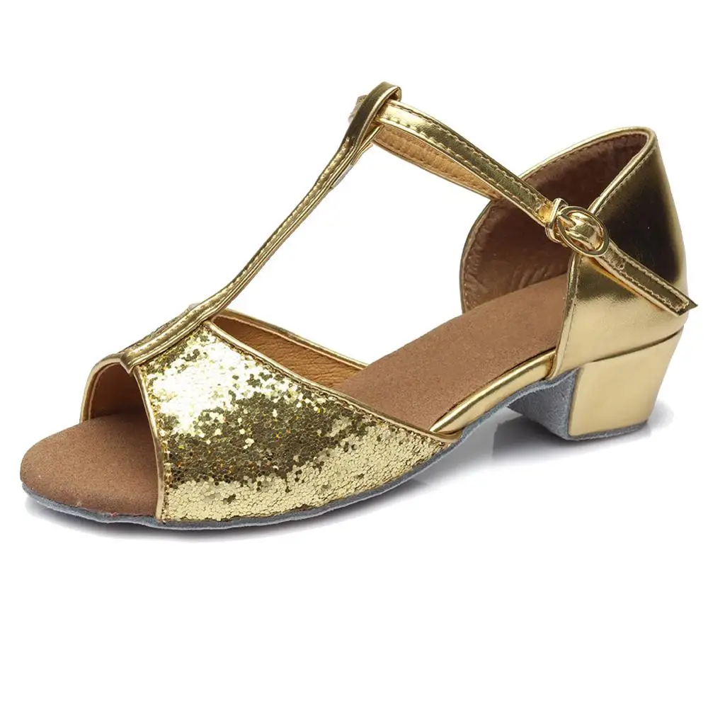 Новое поступление, бальные туфли для латинских танцев для женщин, детей 17-25 см, танго, высокое качество, низкий каблук для женщин, латинские танцевальные туфли - Цвет: Gold Sequin